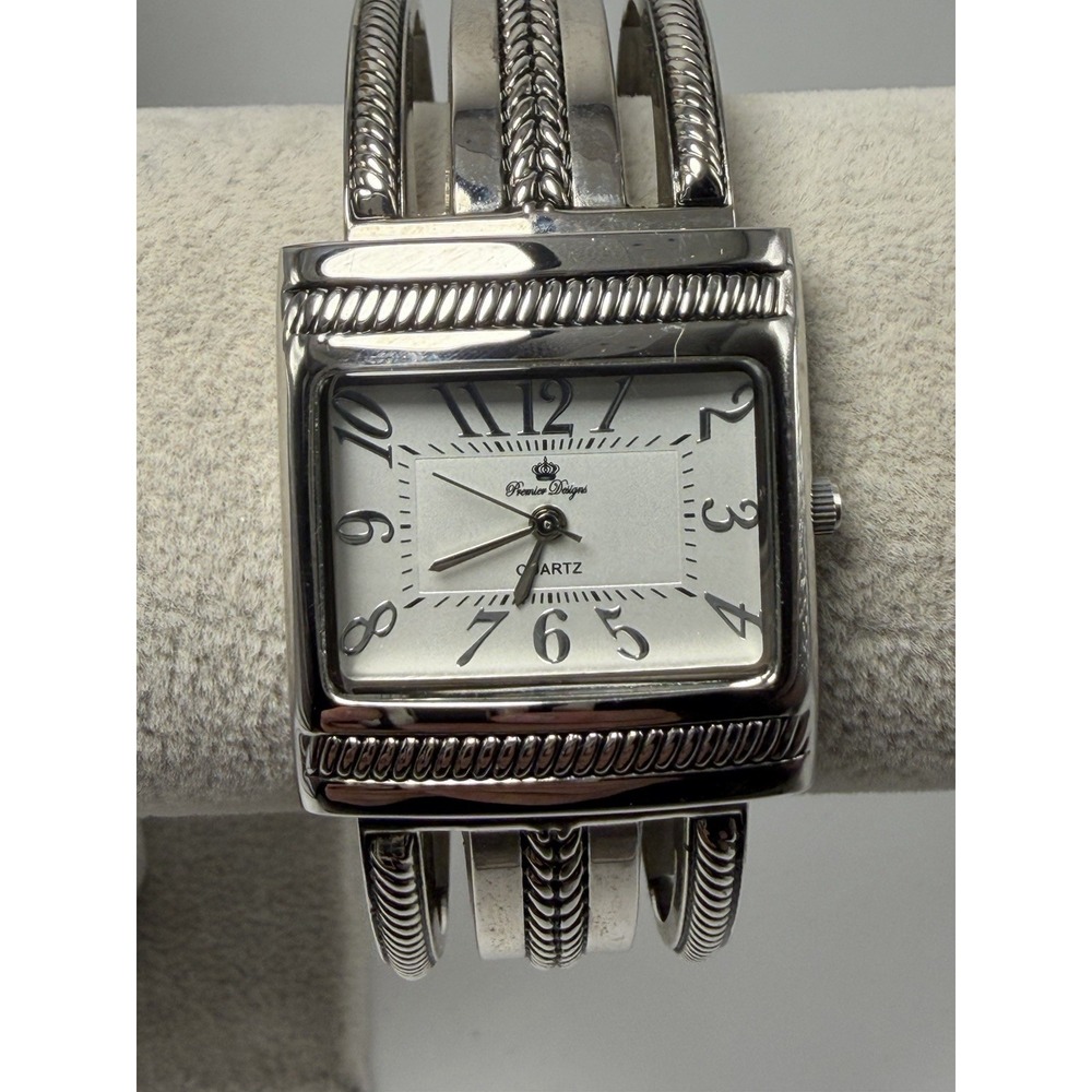 Premier Designs Watch Women Silver Tone Open Cuff 30MM 6.5" Band New Battery